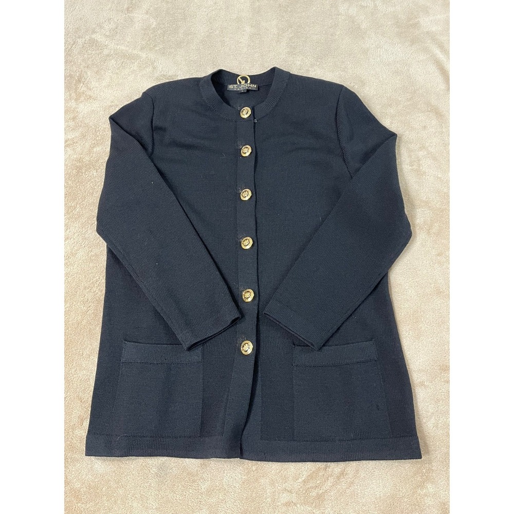 St. John Basics Santana Knit Crew-neck Cardigan Jacket Women's L Black L/S EUC